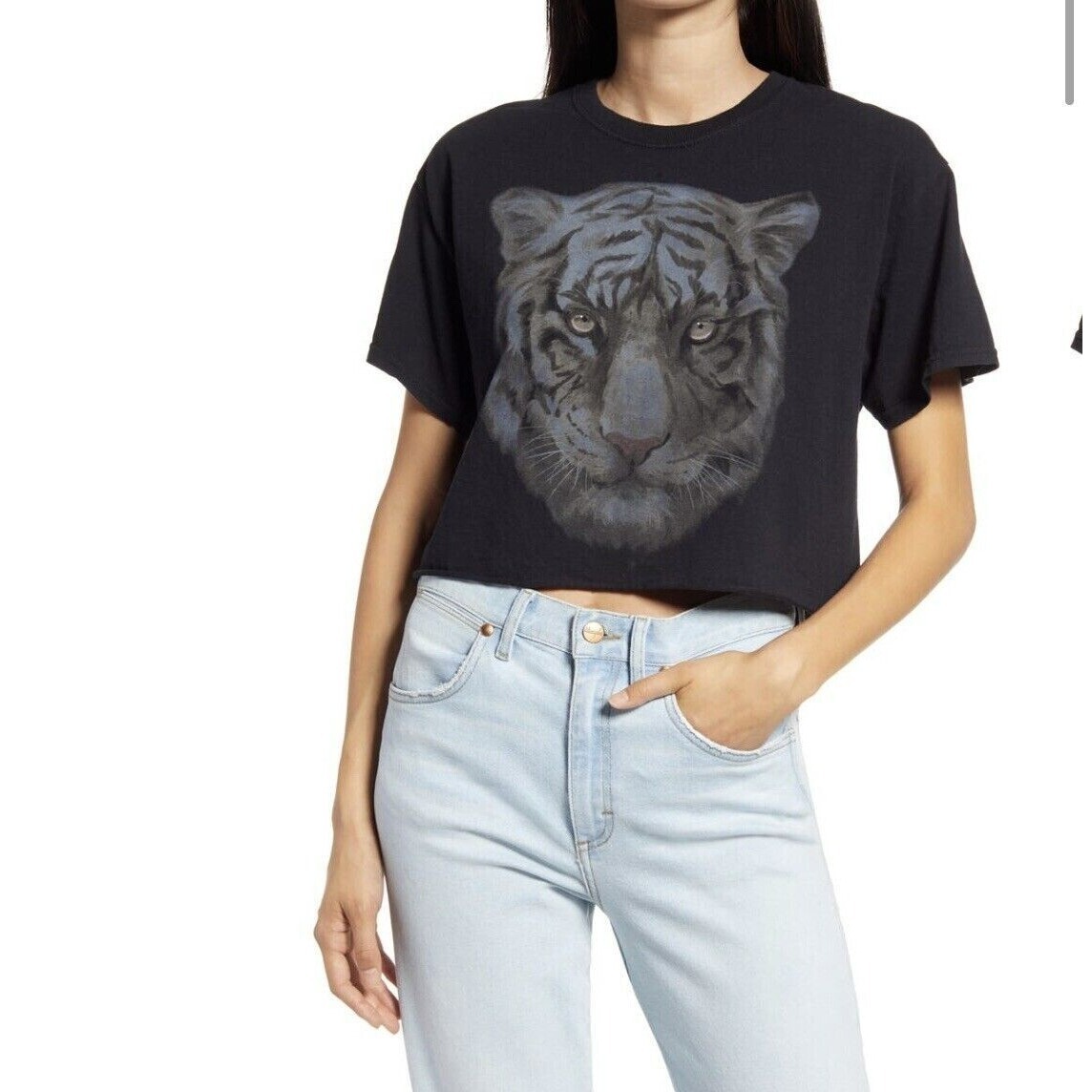 Vinyl Icons Tiger Crop Graphic Black Cotton Tee Size Medium